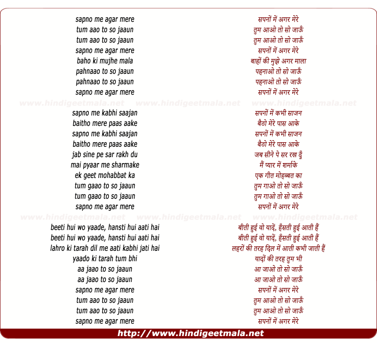 lyrics of song Sapnon Mein Agar Mere