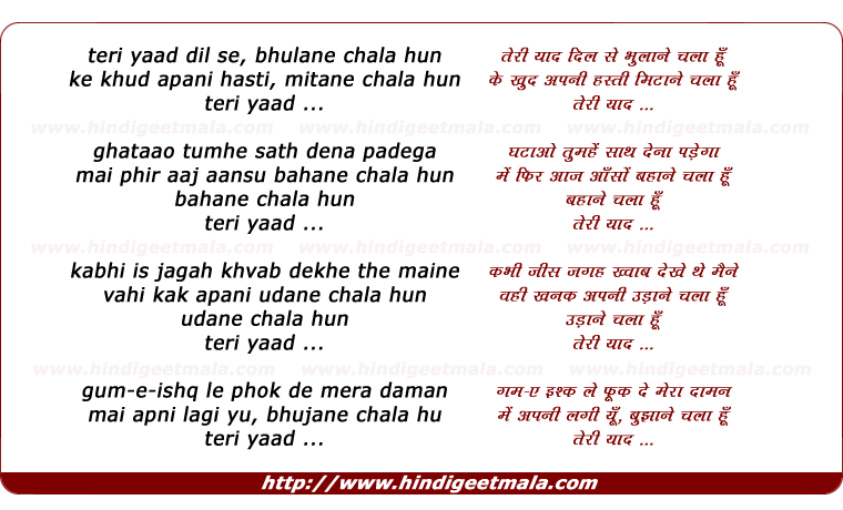 lyrics of song Teri Yaad Dil Se Bhulane Chala Hu