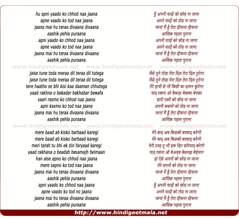 lyrics of song Apani Yaado Ko Chhod Naa Jaana