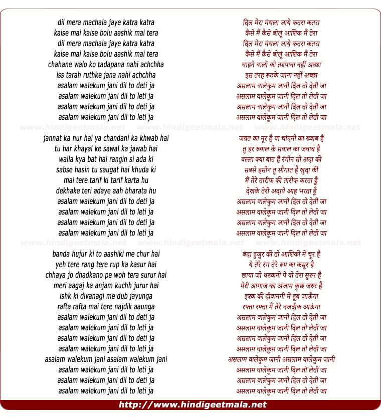 lyrics of song Asalam Walekum Jani Dil Toh Detee Ja
