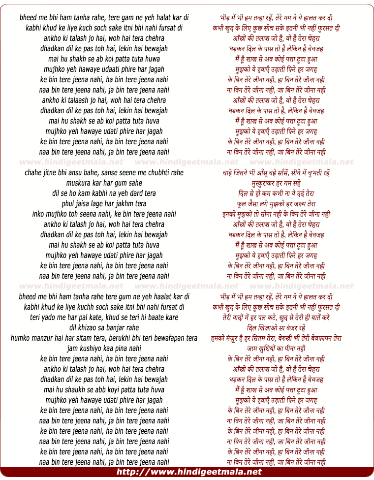 lyrics of song Bhid Me Bhi Ham Tanha Rahe (Ke Bin Tere Jina Nahi)