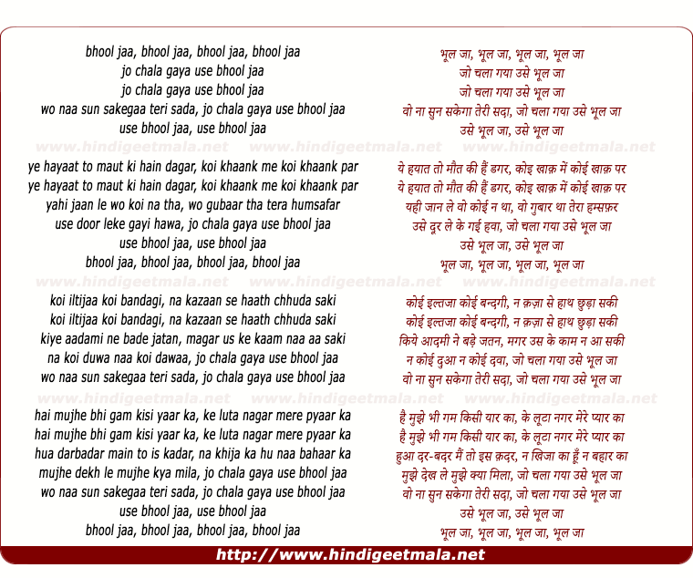 lyrics of song Jo Chala Gaya Use Bhul Ja, Bhool Ja Bhool Ja