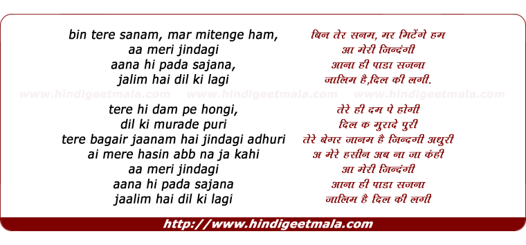 lyrics of song Bin Tere Sanam Mar Mitenge Ham