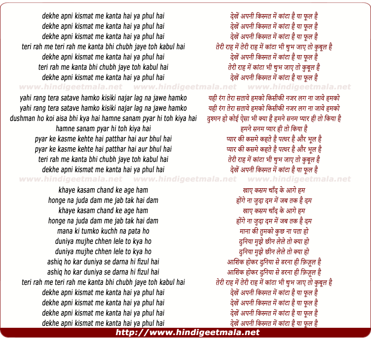 lyrics of song Dekhe Apani Kismat Me
