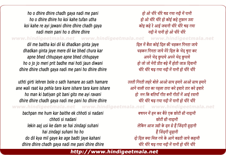 lyrics of song Dhire Dhire Chadh Gaya Nadi Mein Pani