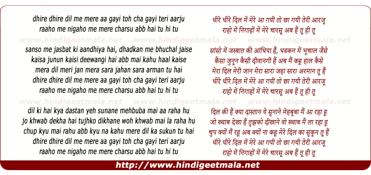 lyrics of song Dhire Dhire Dil Me Mere Aa Gayi