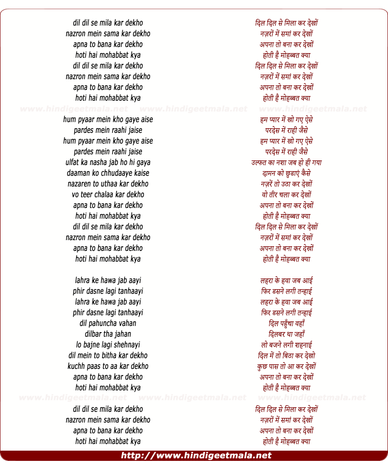 lyrics of song Dil Dil Se Mila Kar Dekho (Male Version)