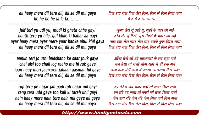 lyrics of song Dil Haay Meraa Dil Teraa Dil