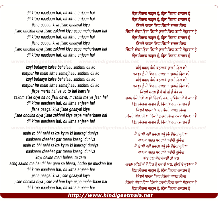 lyrics of song Dil Kitna Nadan Hai Dil Kitna Anjaan Hai