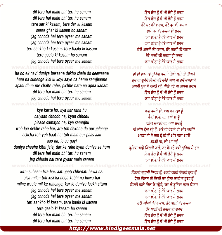 lyrics of song Dil Tera Hai Main Bhi Teri Hoon Sanam