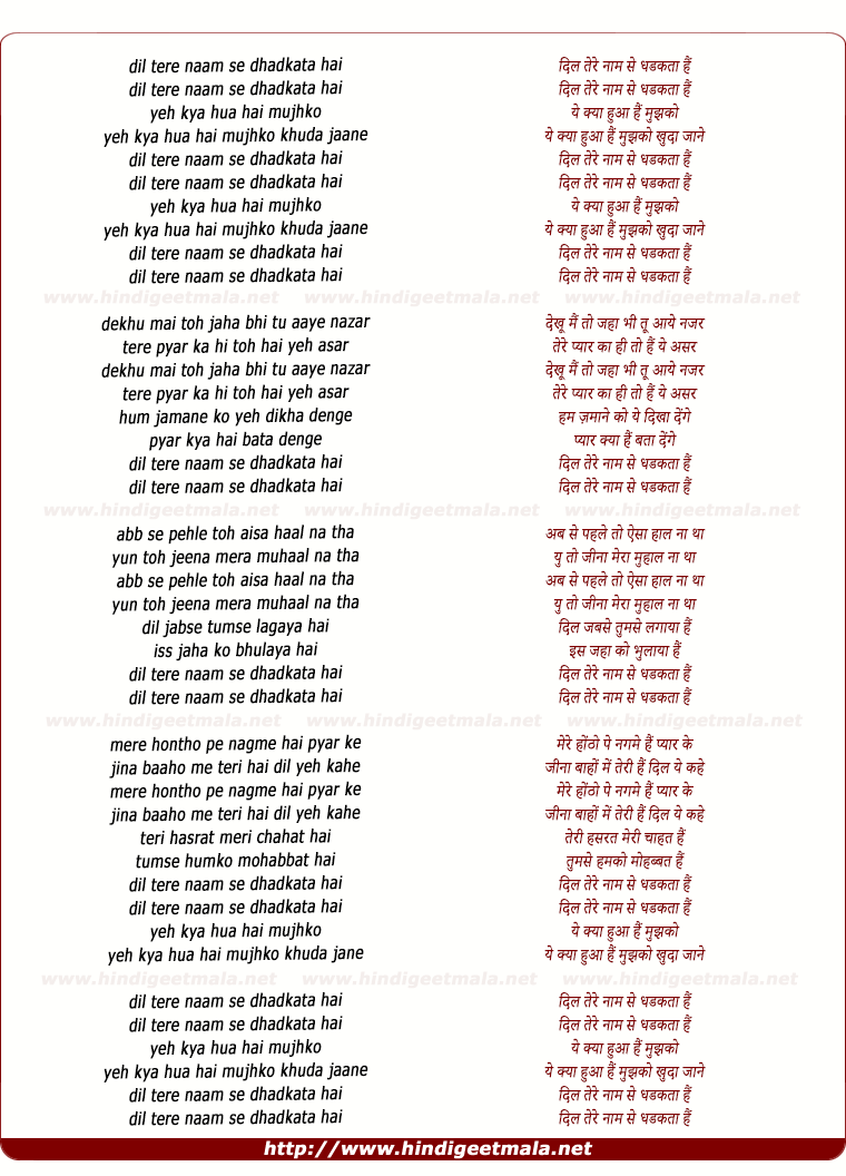 lyrics of song Dil Tere Naam Se Dhadkta Hai