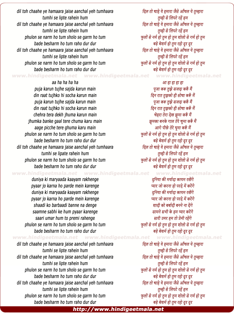 lyrics of song Dil Toh Chaahe Hamaara Jaise