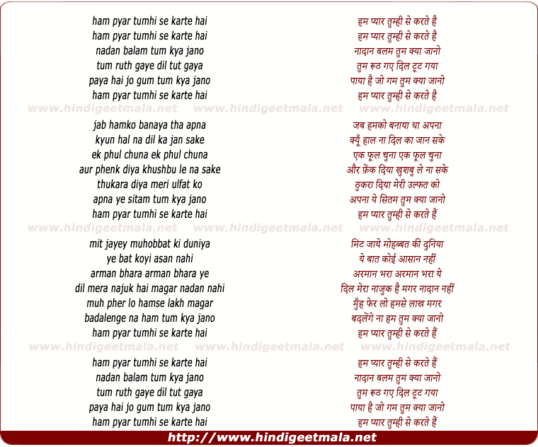 lyrics of song Ham Pyar Tumhi Se Karte Hai