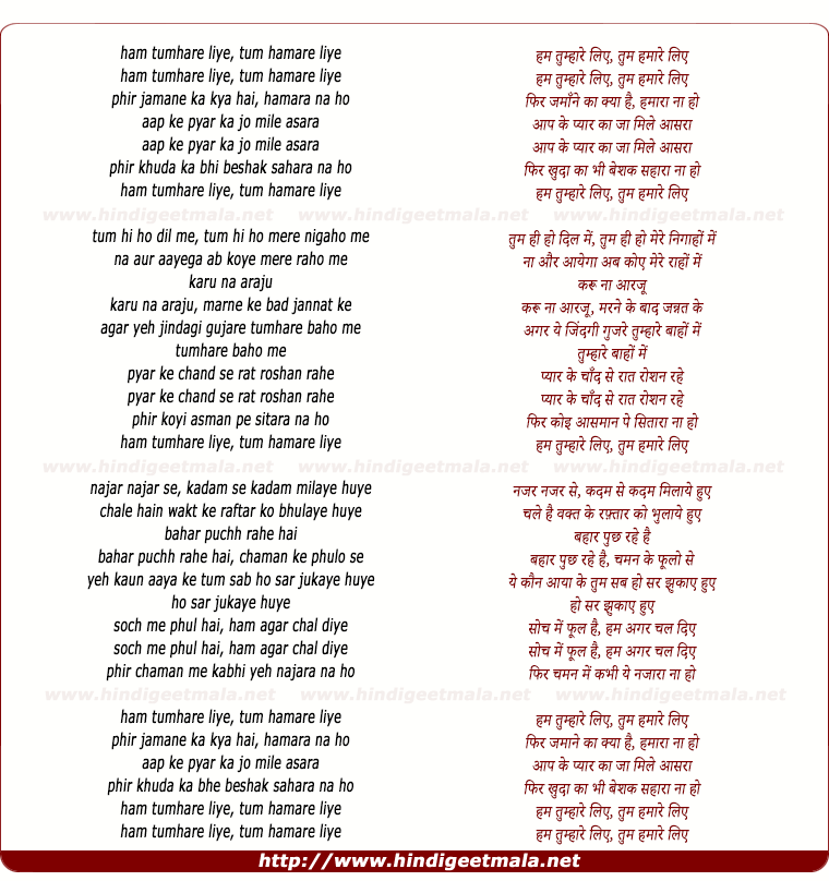 lyrics of song Ham Tumhare Liye, Tum Hamare Liye