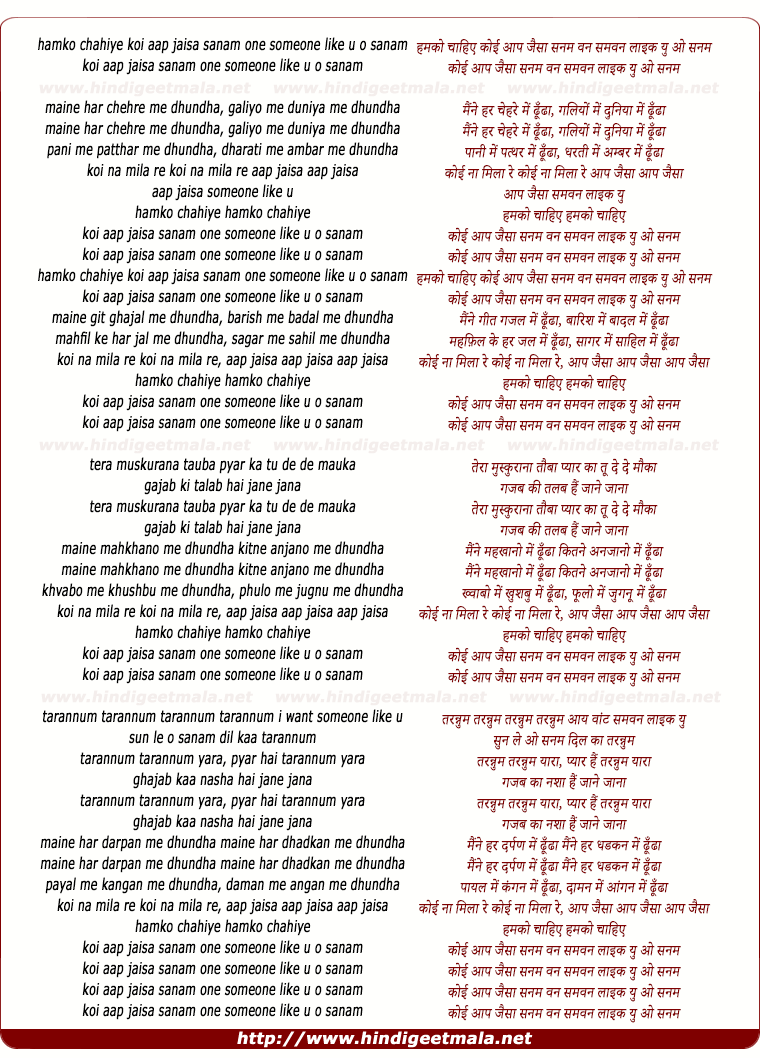 lyrics of song Hamko Chahiye Koyi Aap Jaisa Sanam