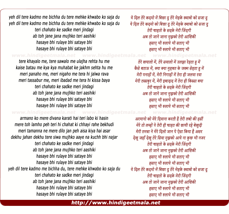lyrics of song Hasaye Bhi Rulaye Bhi Sataye Bhi