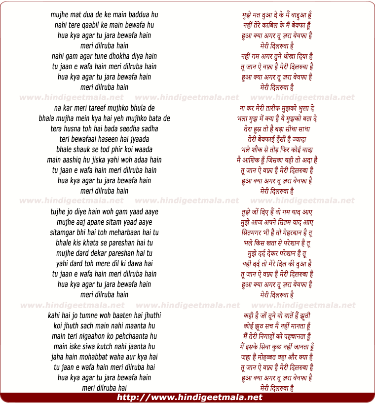 lyrics of song Tu Jaan E Wafa Hai Meri Dilruba Hai