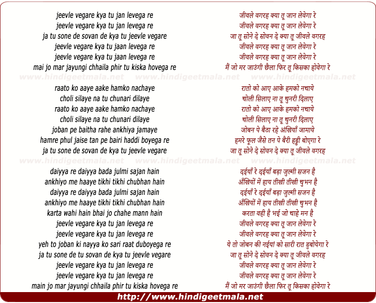 lyrics of song Jeevle Vegarah Kya Too Jan Levega Re