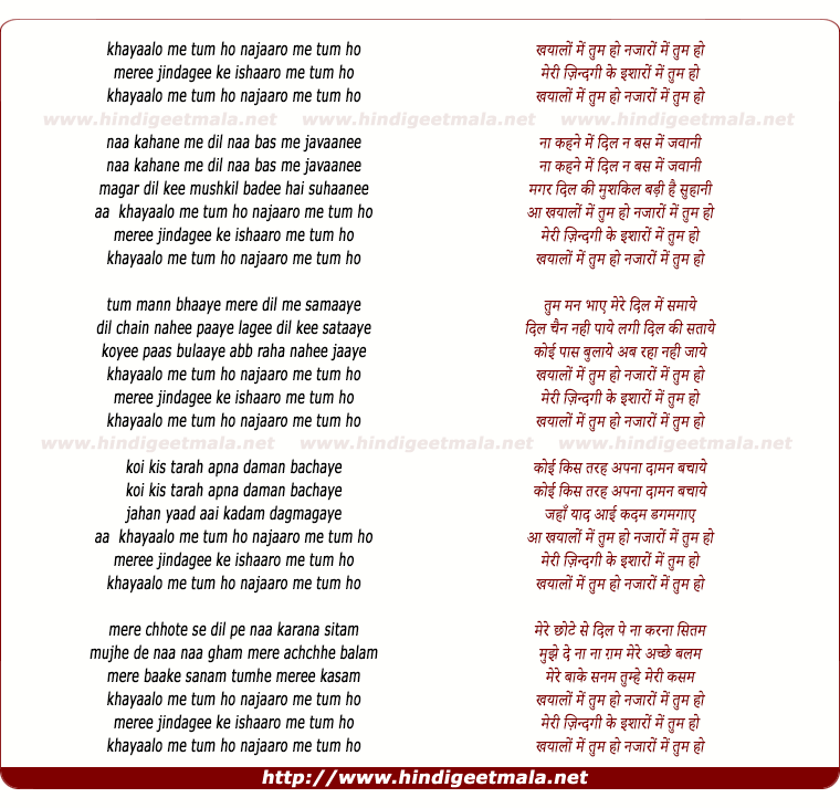 lyrics of song Khayaalo Me Tum Ho, Najaaro Me Tum Ho