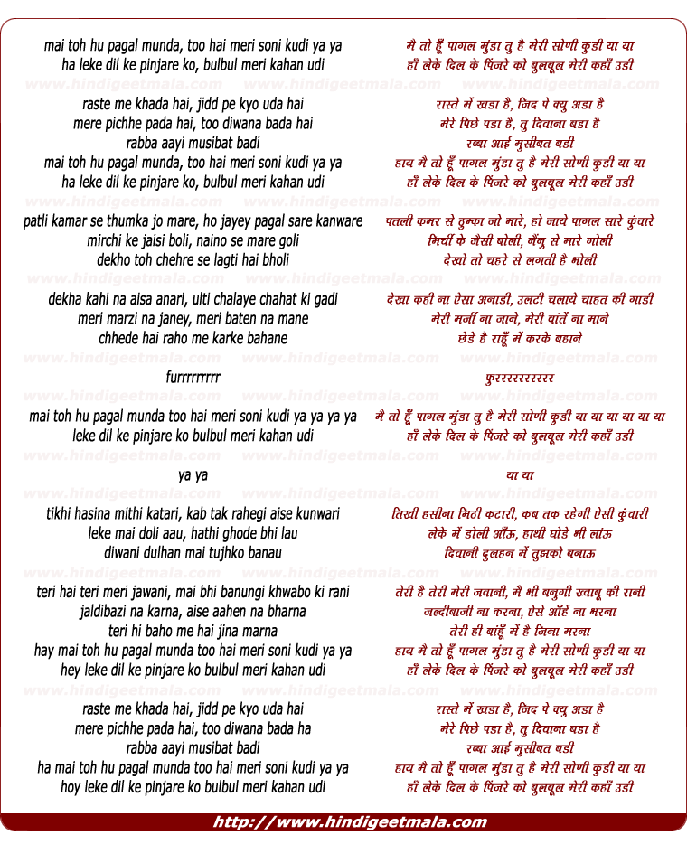 lyrics of song Mai Toh Hu Pagal Munda