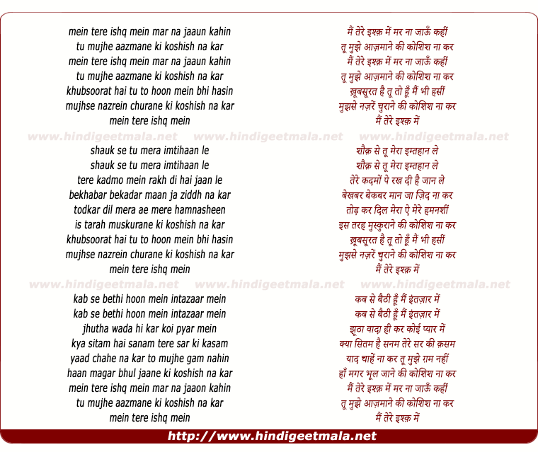 lyrics of song Main Tere Ishq Mein