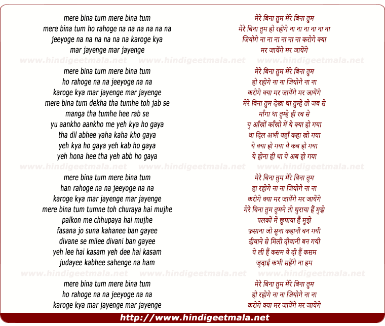 lyrics of song Mere Bina Tum Na Rahoge