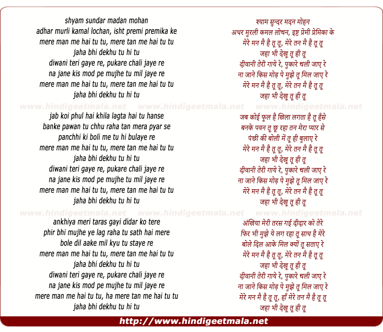 lyrics of song Mere Man Mein Hai Tu Tu