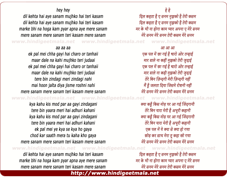 lyrics of song Dil Kehtaa Hai Aye Sanam Mujhko Hai Teri Kasam