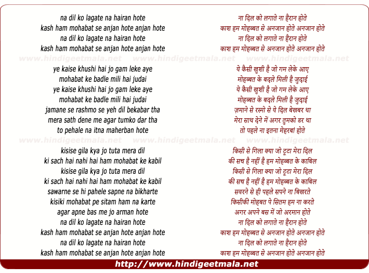 lyrics of song Na Dil Ko Lagaate Naa Hairan Hote