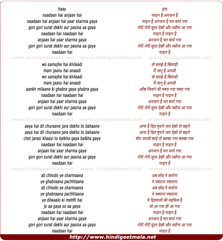 lyrics of song Naadaan Hai Anjaan Hai