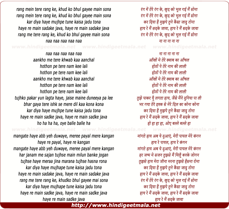 lyrics of song Rang Mein Tere Rang Ke, Khud Ko Bhul Gayee