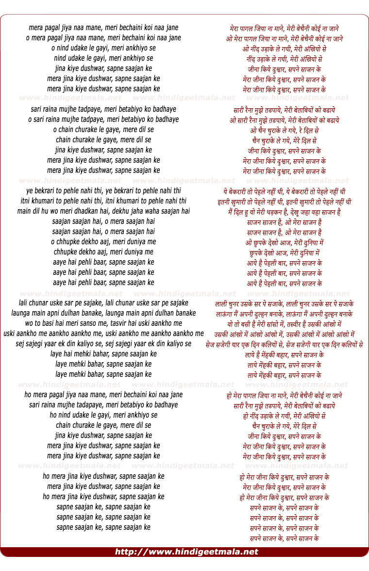 lyrics of song Mera Pagal Jiya Na Mane