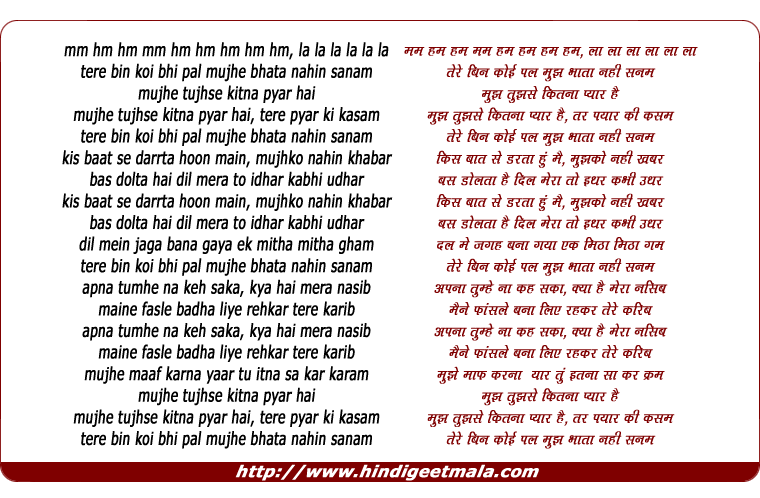 lyrics of song Tere Bin Koi Bhi Pal