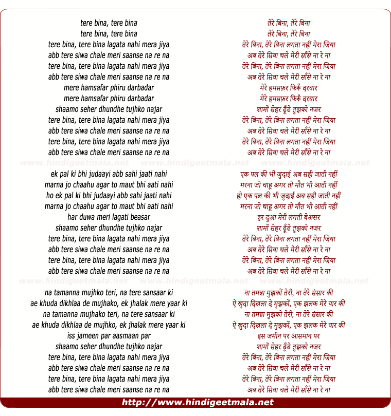 lyrics of song Tere Bina Lagta Nahi Mera Jiya