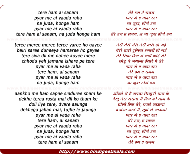 lyrics of song Tere Ham Ai Sanam