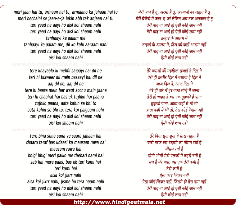 lyrics of song Teri Yaad Na Aayi Ho
