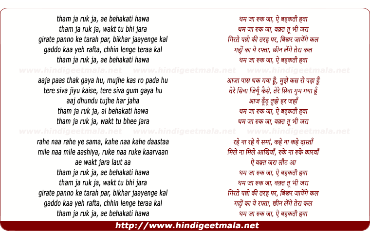 lyrics of song Tham Ja Ruk Ja, Ai Behakatee Hawa