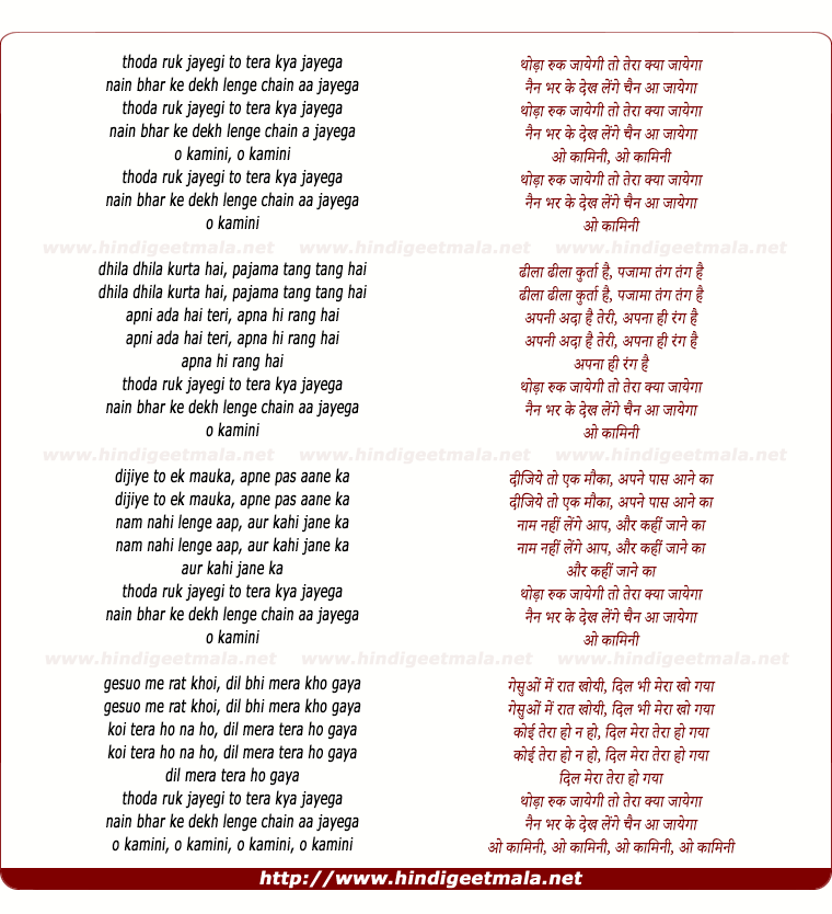 lyrics of song Thoda Ruk Jaayegee Toh Teraa Kya Jaayega