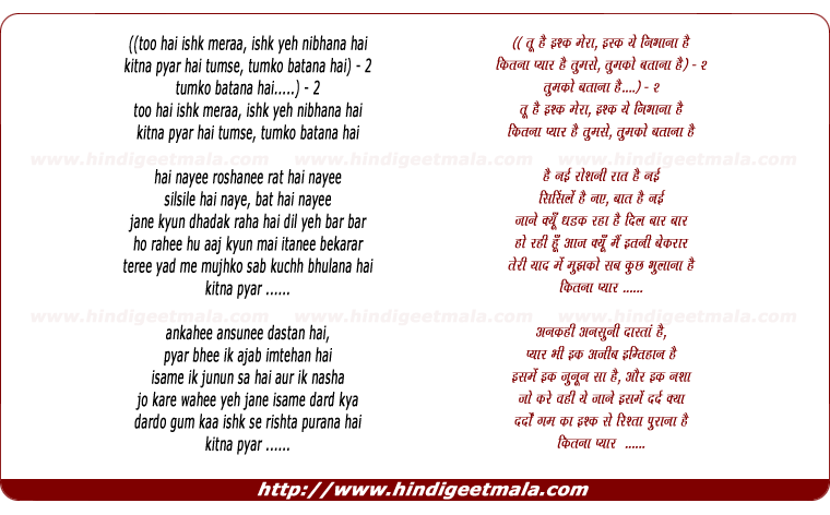 lyrics of song Too Hai Ishk Meraa, Ishk Yeh Nibhana Hai