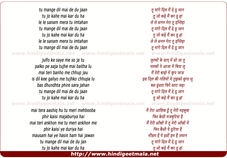 lyrics of song Too Mange Dil, Mai De Du Jan
