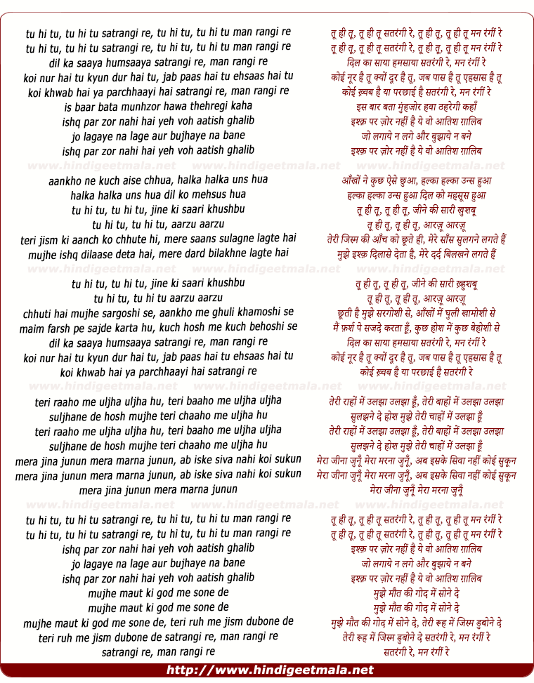 lyrics of song Tu Hi Tu Satrangi Re, Ishq Par Zor Nahi Hai