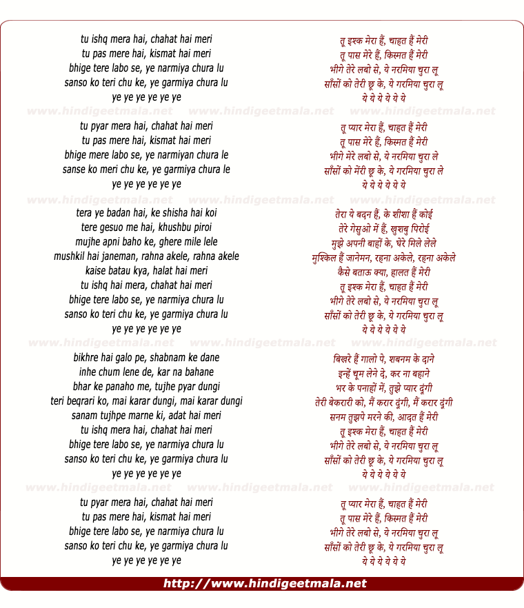 lyrics of song Tu Ishq Mera Hai, Chahat Hai Meri