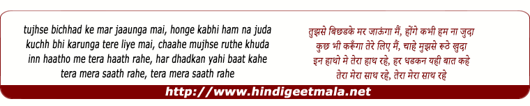 lyrics of song Tujhase Bichad Ke Mar Jaaunga Mai