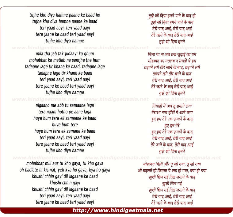 lyrics of song Tujhe Kho Diya Hamane Paane Ke Baad