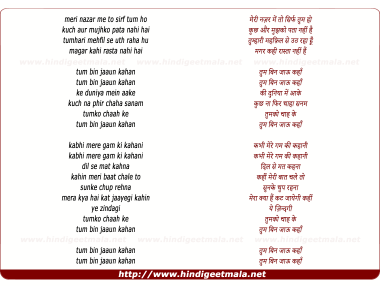 lyrics of song Tum Bin Jaoon Kahan (Rafi - Sad Version)