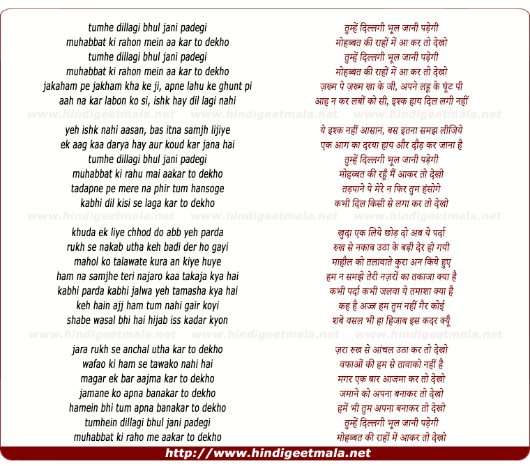 lyrics of song Tumhe Dillagee Bhul Jani Padegee