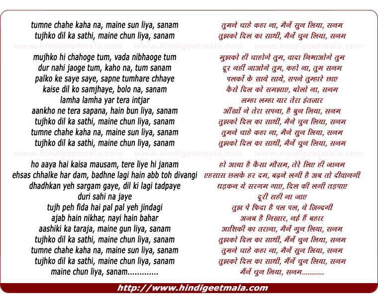 lyrics of song Tumne Chahe Kaha Naa