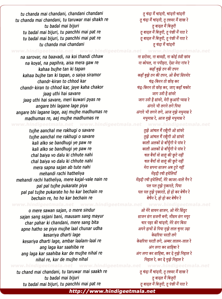 lyrics of song Tu Chandaa Main Chaandani