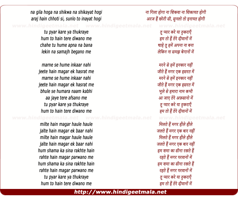 lyrics of song Tu Pyaar Kare Ya Thukaraaye, Ham To Hai Tere Divaanon Me