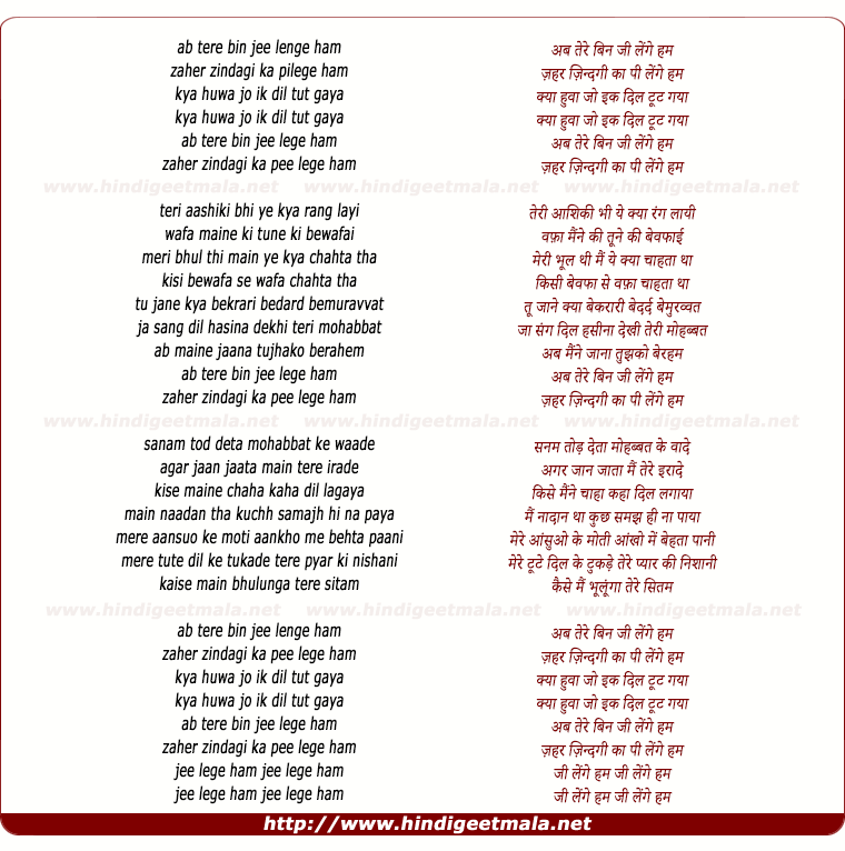 lyrics of song Ab Tere Bin Ji Lenge Ham, Zahar Zindagi Ka Pi Lenge Ham